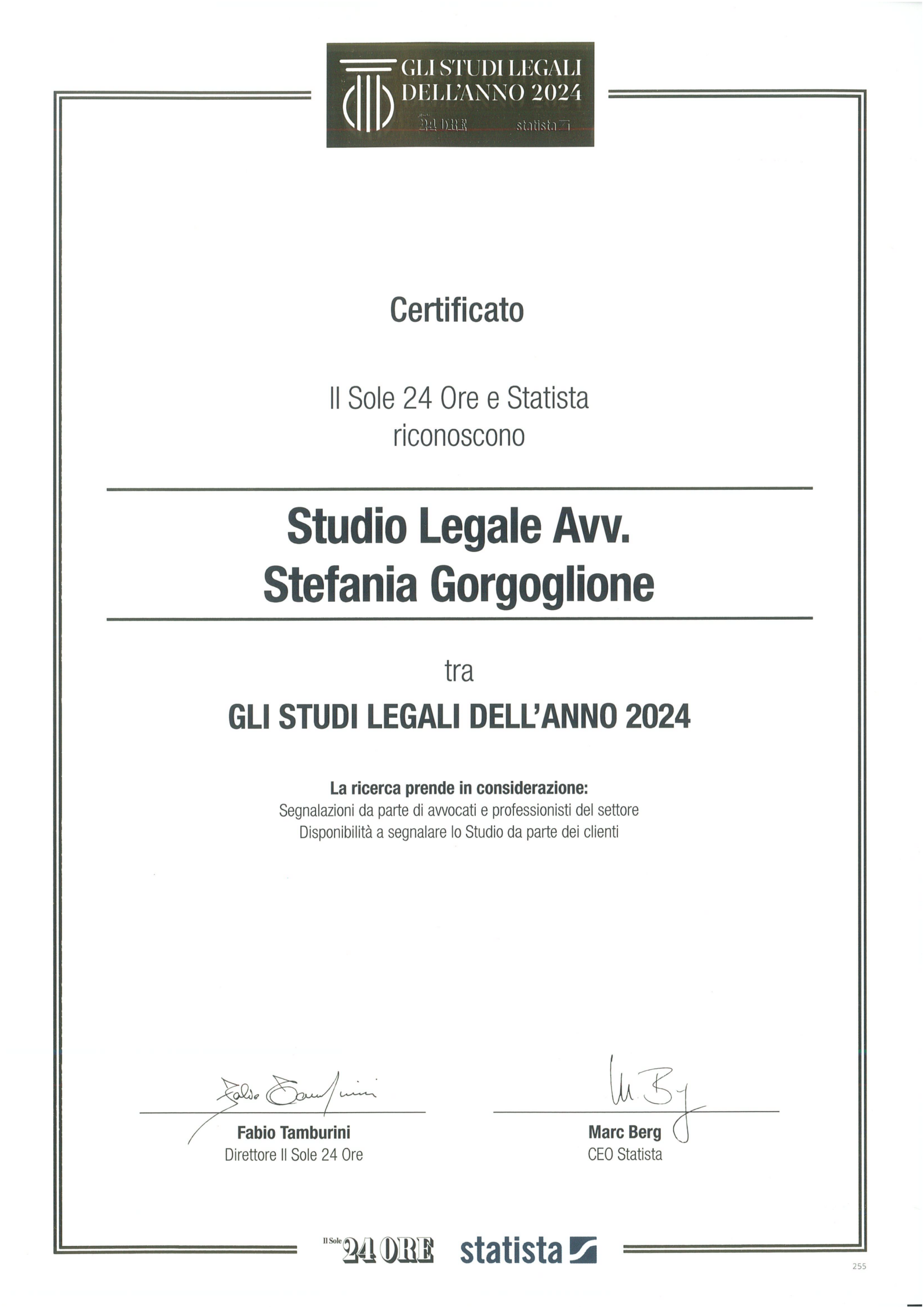 ll Sole 24 Ore e Statista: Studio Legale Avv. Stefania Gorgoglione tra GLI STUDI LEGALI DELL’ANNO 2024